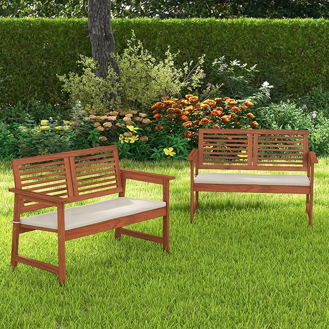 Tangkula Outdoor Bench with Cushion, 2-Person Patio Bench with Slatted Back & Seat, Removable Cushion, Conversation Loveseat Chair for Porch Lawn Garden Backyard Balcony (Off White)