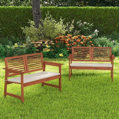 Tangkula Outdoor Bench with Cushion, 2-Person Patio Bench with Slatted Back & Seat, Removable Cushion, Conversation Loveseat Chair for Porch Lawn Garden Backyard Balcony (Off White)