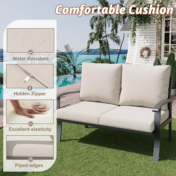 HOMREST Outdoor Loveseat Aluminum Patio Furniture Sofa, All-Weather Metal Outdoor Couch with Cushions, Beige - Photo 5