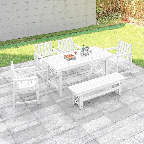 HDPE Outdoor Dining Set of 6, Patio Dining Table Set with 4 Chairs and 1 Bench - Photo 1