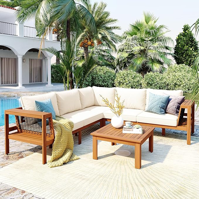Outdoor L-Shaped Sofa Furniture Set with Coffee Table, Woven Mesh Armrests and Side Table - Photo 1