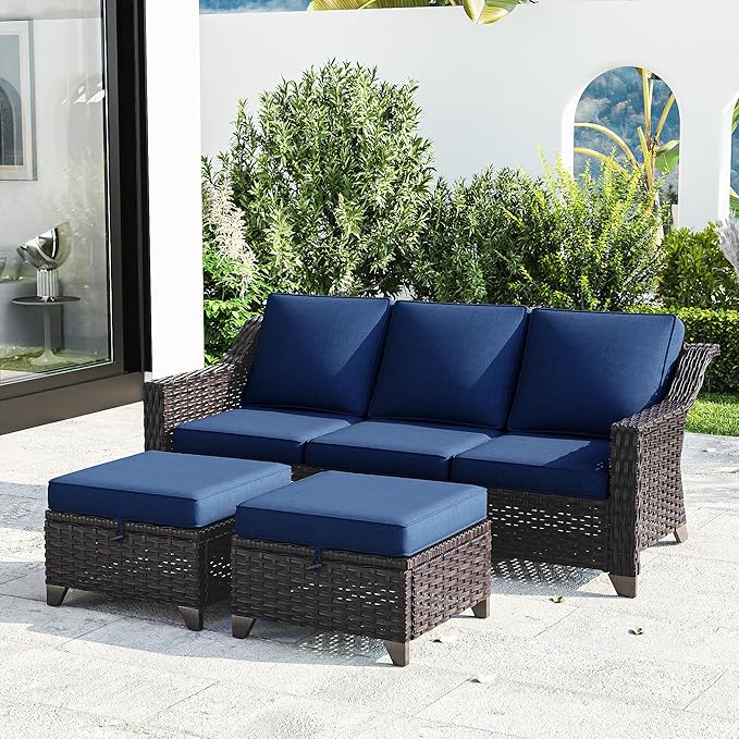 Joyside Patio Furniture Set, 3 Pieces Outdoor Wicker High Back Sofa with Ottoman and Comfy Cushions, Upgraded Large Size - Photo 1