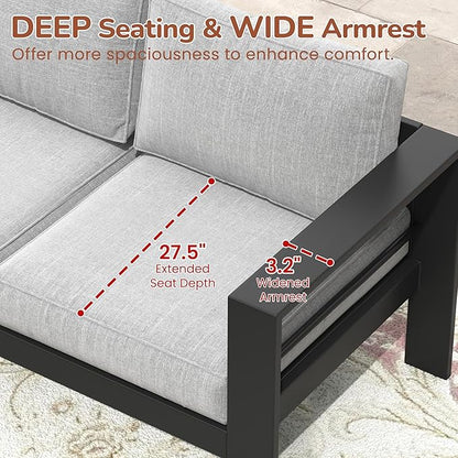 Solaste Aluminum Outdoor Couch, 3-Seat Metal Outdoor Sofa with Water-Resistant Cushion, Weather-Resistant Modern Patio Sofa, Black Frame Grey Cushion