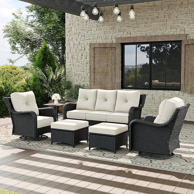 6 Piece Patio Furniture Set, All-Weather Wicker Outdoor Conversation Set with Swivel Rocking Chair and 6 Inch Thick - Photo 1