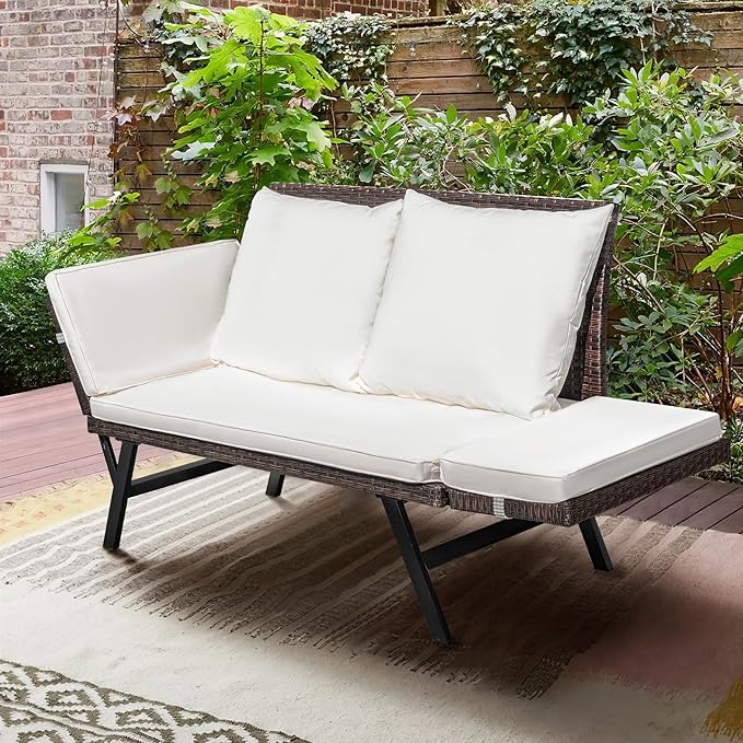 Greesum Outdoor Sofa, Woven Rattan Patio Furniture, Convertible Daybed or Double Chair with Adjustable Armrests - Photo 2