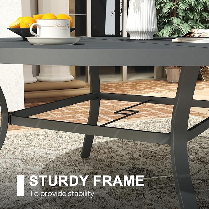 VICLLAX 53" Round Patio Dining Table for 6-8, All Weather Metal Outdoor Table with 1.57" Umbrella Hole and Surdy Frame for Garden Lawn Deck, Sandshell