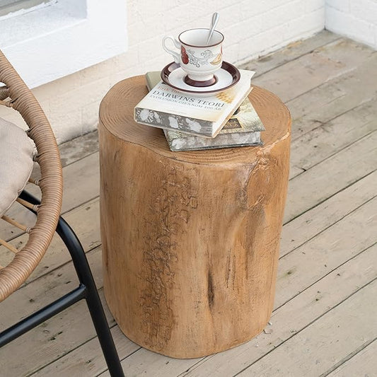 Outdoor Side Table Patio Stump Side Tables Faux Wooden End Table Small Coffee Tables for Indoor Outdoor, Garden Stool Plant Stand for Porch, Backy,Round, Brown