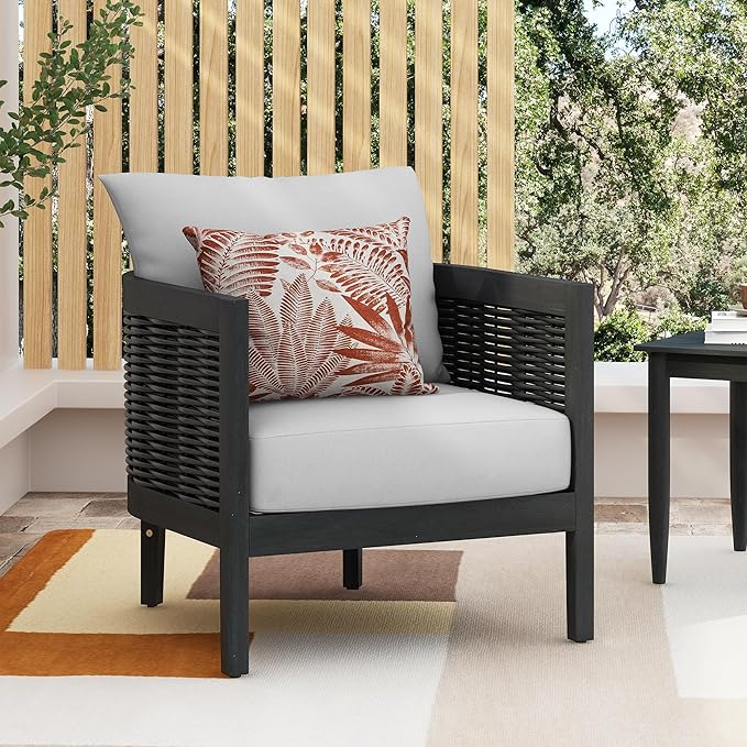 Merax Single Outdoor Acacia Wood Wicker Club Chair with Cushion,Patio Furniture Conversation Seat for Garden