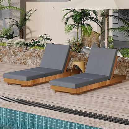 Merax 2-Piece Acacia Wood Chaise Lounge Set w/ 6-Position Adjustable Backrest & Cushion - Outdoor Patio Poolside Furniture, Grey