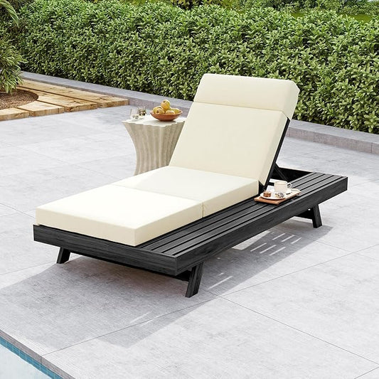 Christopher Knight Home Dami Patio Chaise Lounge Chair Outdoor with 4'' Foldable Cushion, Acacia Wood Poolside Sun Lounger, Space Available On One Side, Adjustable Backrest Pool Lounger, Black + Beige