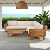 SAFAVIEH Outdoor Patio Furniture Collection - Napoli Teak Brown & Cream Solid Wood 4-Piece Sectional Sofa Set with - Photo 3