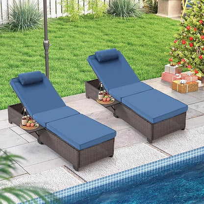 HOMREST PE Wicker Chaise Lounge Chairs Set of 2,Adjustable 5 Position Outside Rattanr Patio Pool Chair with Headrest,Cushion and Storage Rack for Poolside Backyard Porch, (Blue)