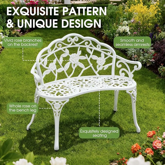 Outdoor Bench, Cast Aluminum Double Seating with Backrest and Armrests, Mental Outdoor Furniture for Patio, Porch, Garden, Park, White Rose