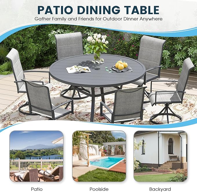 Patio Dining Table for 4-6, Round Metal Outdoor Table with 1.57" Umbrella Hole - Photo 6