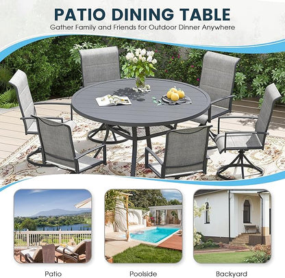 Patio Dining Table for 4-6, Round Metal Outdoor Table with 1.57" Umbrella Hole, 47" Outdoor Slat Tabletop Dining Table for Backyard, Porch, Lawn, Dark Grey