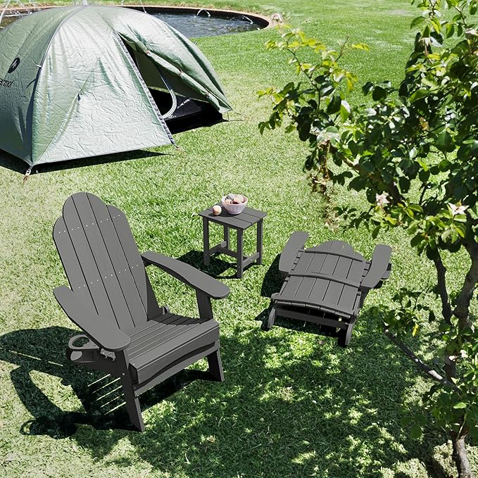 LUE BONA Folding Adirondack Chair, HDPS Weather Resistant Outdoor Patio Chair for Balcony Garden, 350lbs Heavy Duty, One-Step No-Pin Folding, Realistic Wood Grain Texture, Fire Pit Seating, Dark Gray
