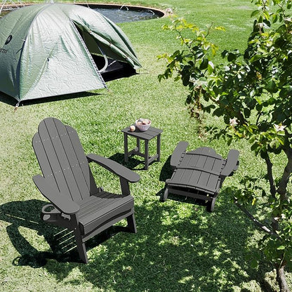 LUE BONA Folding Adirondack Chair, HDPS Weather Resistant Outdoor Patio Chair for Balcony Garden, 350lbs Heavy Duty, One-Step No-Pin Folding, Realistic Wood Grain Texture, Fire Pit Seating, Dark Gray