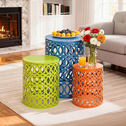 Side Table Set of 3, Modern Decorative Coffee Table with Geometric Cut-Out Design, Durable Metal Table with No Assembly&Weather-Resistant, Industrial Round Garden Stool for Patio, Indoor