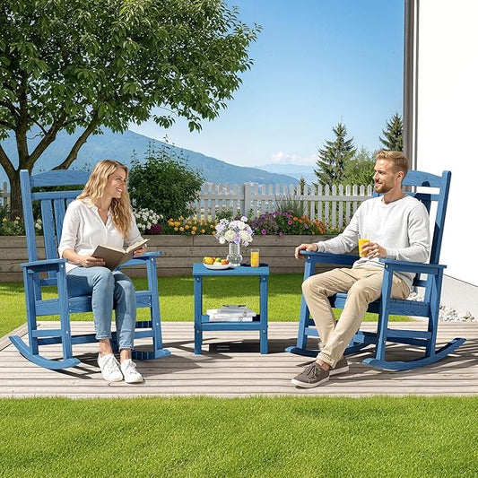SERWALL Rocking Chairs Set of 2, HDPE Outdoor Rocking Chair, All-Weather Porch Rockers for Patio, Blue