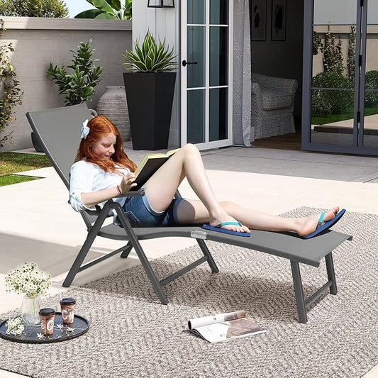 Crestlive Products Folding Patio Chaise Lounge Chair Outdoor, Aluminum Adjustable Outdoor Pool Recliner Chair, Assemble-Free, 8 Positions