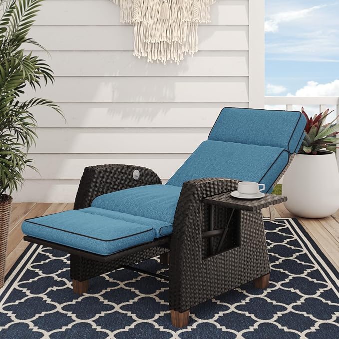 Grand patio Outdoor Recliner Chair Patio 150° Lay Flat Recliner with Flip Table Wicker Reclining Lounge Chair Peacock - Photo 1