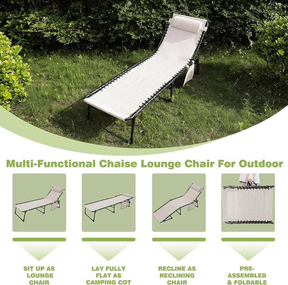 BlueWish Patio Chaise Lounge Chair, Lounge Chairs for Outside with 5 Position Reclining Backrest, Removable Pillow, 265 lbs Capacity, Folding Lounge Chair for Beach, Patio, Poolside