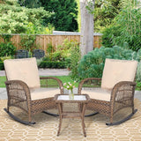 3-Piece Outdoor Patio Bistro Rocking Chair Set, Rattan Patio Rockers with Cushions & Glass-Top Coffee Table - Photo 1