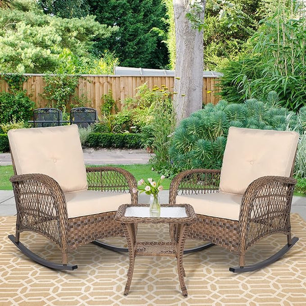 3-Piece Outdoor Patio Bistro Rocking Chair Set, Rattan Patio Rockers with Cushions & Glass-Top Coffee Table - Photo 1