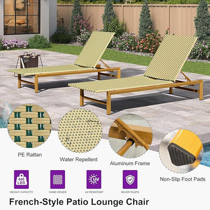 PURPLE LEAF Patio Chaise Lounge French Outdoor Lounger 1 Piece Wood-Grain Finish Aluminum Wicker Lounge Chair with Adjustable Backrest for Pool Garden Beach and Backyard Beige and Green