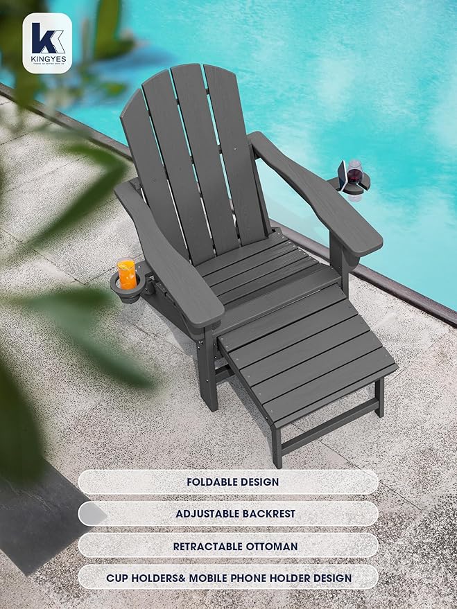 KINGYES Folding Adjustable Adirondack Chair with Ottoman & 2 Cup Holders Set of 4 - Photo 5