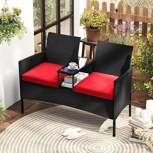 Tangkula Patio Loveseat with Built-in Table, Wicker 2-Seat Furniture with Soft Cushions & Tempered Glass Tabletop, Metal Frame Outdoor Conversation Seating Bench for Backyard, Porch