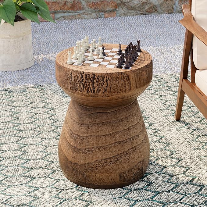 COSIEST Outdoor Side Table w Chessboard, 14''Concrete Faux Wooden Garden Stool, Lightweight Decor Outdoor Round End Table, Plant Stand for Garden and Deck, Brown