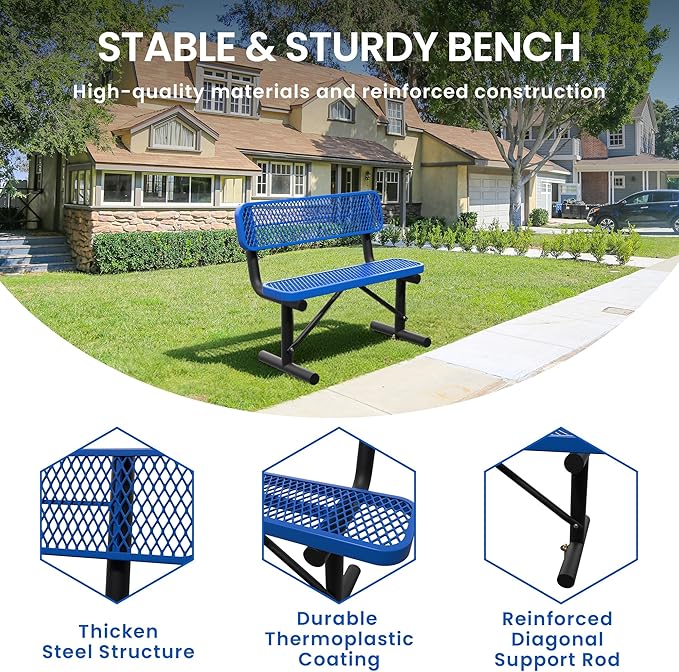 Heavy Duty Park Bench with Back Portable Frame, Outdoor Steel Bench with Backrest, Outdoor Park Bench Expanded Metal Mesh Bench for Lawn, Park, Deck, Garden, Patio, Porch, Black (Blue, 4FT)
