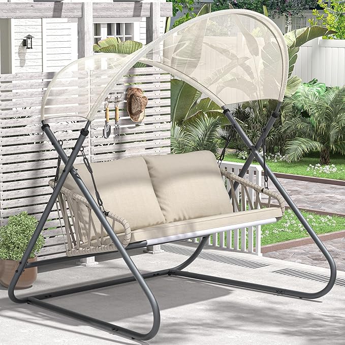 2-Seat Outdoor Porch Swing, Patio Swing with Canopy, Hanging Glider Bench with Thicken Cushions and Pillow - Photo 7