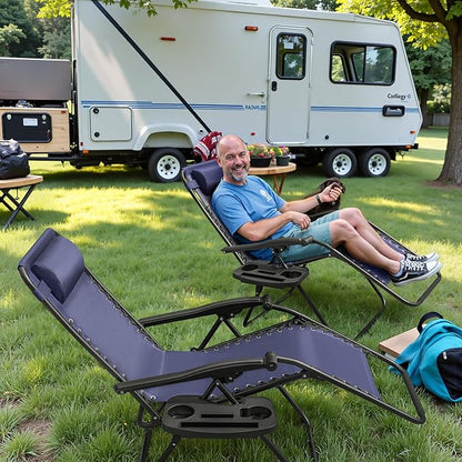 Greesum Zero Gravity Chairs Set of 2 Adjustable Steel Mesh Recliners Beach Deck Lawn Camping Patio Foldable Lounge Chair with Cup Holder Trays and Pillows,Blue