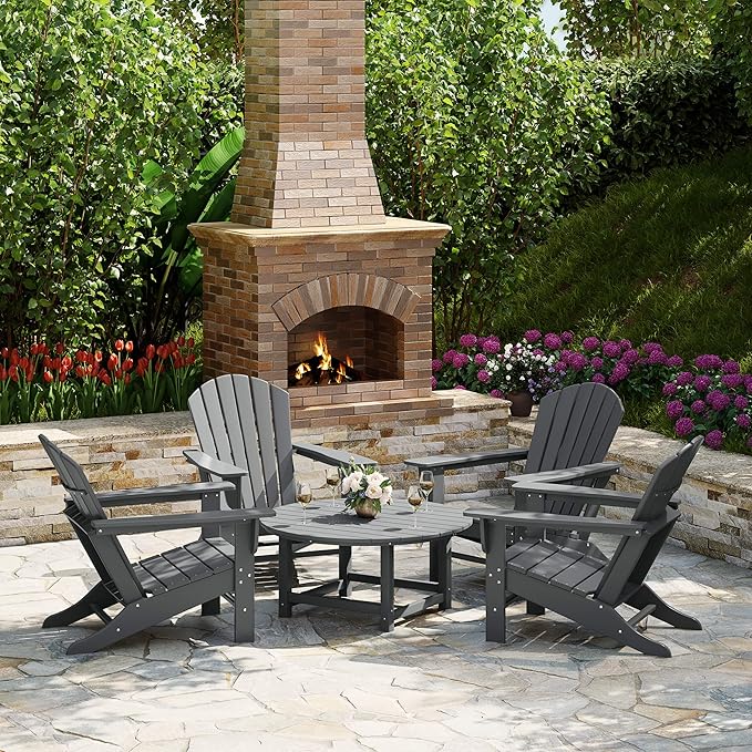 WestinTrends Dylan 5-Piece Outdoor Patio HDPE Adirondack Chair with Round Coffee Table Conversation Set, Gray