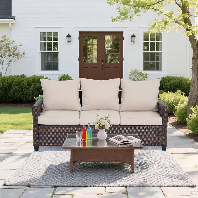 Rattan Outdoor Sofa 3-Seater - PE Woven Patio Couch with Waterproof Blue Cushions, Heavy-Duty Steel Frame for Garden - Photo 4