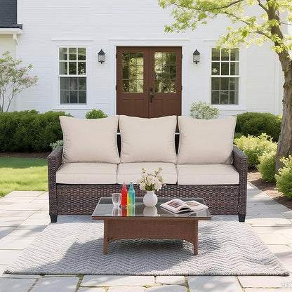 Rattan Outdoor Sofa 3-Seater - PE Woven Patio Couch with Waterproof Blue Cushions, Heavy-Duty Steel Frame for Garden, Poolside Outdoor Wicker Furniture-Beige