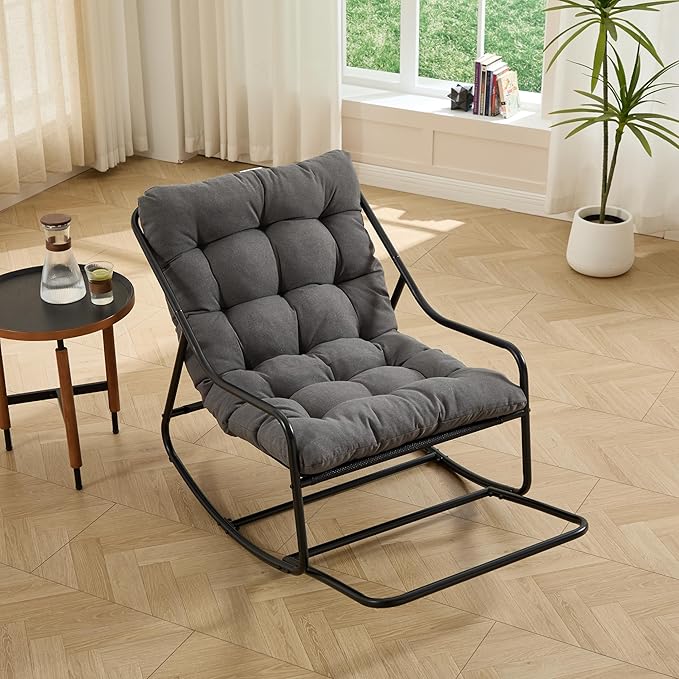 Rocking Chair with Foot Rest, Outdoor Indoor Rocking Lounge Chair with Cushion, Comfortable Patio Rocker Chairs for Patio, Porch, Garden, Living Room, Reading, Metal Frame, Grey