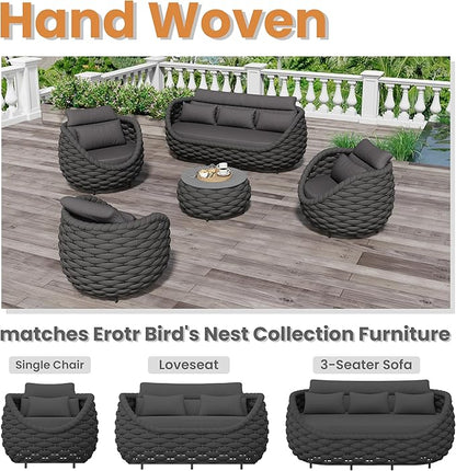 Short Round Patio Coffee Table: Hand Woven Rope Side Tables Assembled - Aluminum Outdoor Accent Table Modern - Metal Porch Furniture for 176lbs Deck Garden Balcony Hotel φ25.6''/65cm, Dark Gray