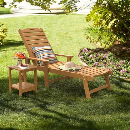 LUE BONA Lounge Chair Outdoor with Table, 2-Piece, HDPS Chaise Lounge Outdoor with Wheels，5 Positions Adjustable Pool Lounger Chairs for Outside, Patio, Teak Color