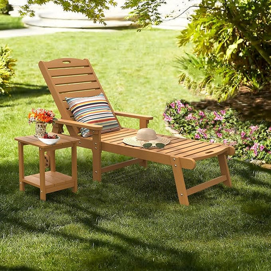 LUE BONA Lounge Chair Outdoor with Table, 2-Piece, HDPS Chaise Lounge Outdoor with Wheels，5 Positions Adjustable Pool Lounger Chairs for Outside, Patio, Teak Color