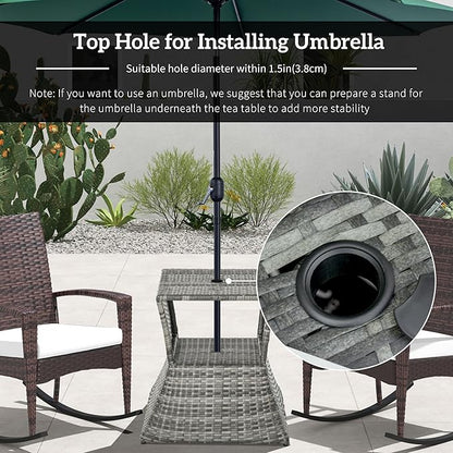 Outsunny Outdoor Side Table with Umbrella Hole, 2 Tier Rattan Wicker End Table with Storage Shelf, All Weather for Outdoor, Patio, Garden, Backyard, Mixed Gray