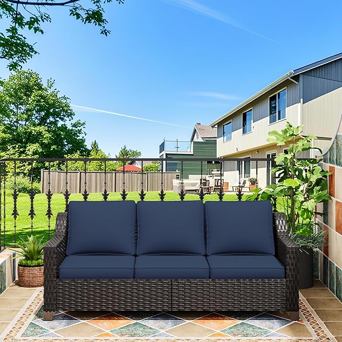 77'' Patio Sofa, All Weather Outdoor Rattan Wicker 3-Seat Sofa High Back Couch with Premium Cushions for Garden - Photo 1