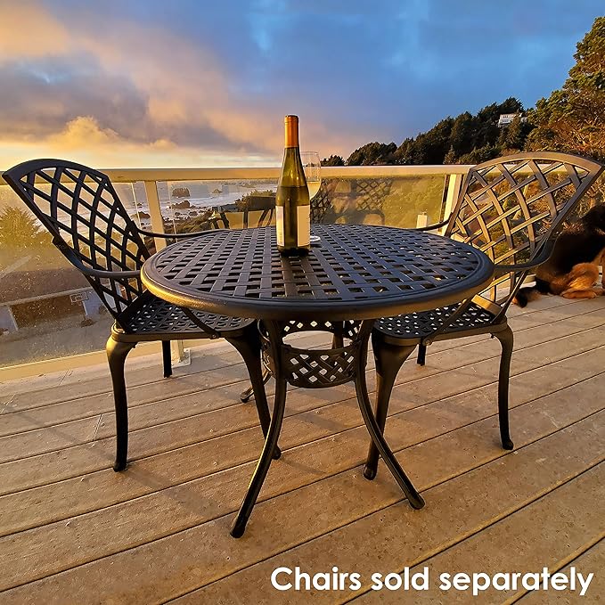 Sunnydaze Decorative Lattice Cast Aluminum Patio Dining Table with Umbrella Hole - 33-Inch Diameter - Black - Photo 9