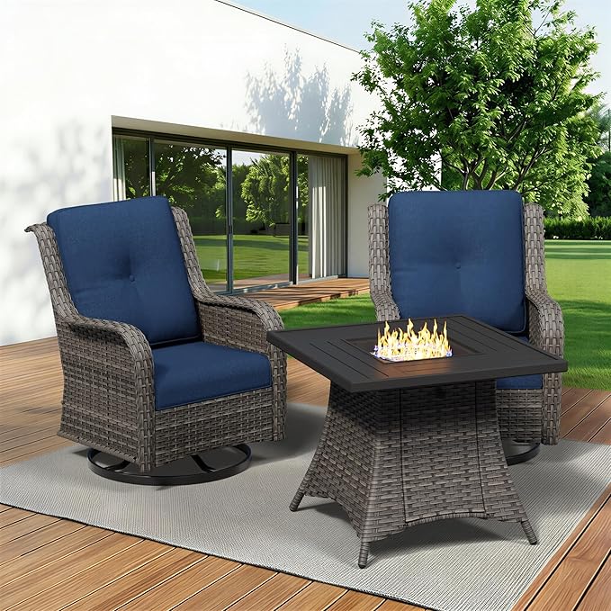 3 Pieces Outdoor Wicker Patio Furniture Set with Fire Pit Table, Swivel Rocker Patio Chairs Set with Thickened Cushions, High Back and Deep Seating, Hand-Woven PE Rattan for Porch, Deck