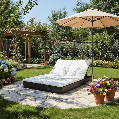 Christopher Knight Home Toridan Double Chaise Lounge Outdoor with Cushion, Acacia Wood Patio Chaise Lounge Set of 2, Adjustable Backrest Poolside Sun Lounger, Wood Sunbathing Chair, Black+White
