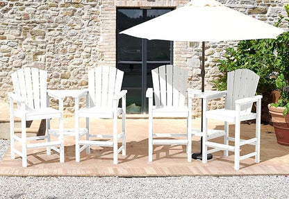 KINGYES Tall Adirondack Chair Set of 4, All Weather HDPE Bar Height Adirondack Chair with Double Connecting Trays, Balcony Height Chair, Tall Poly Adirondack Chair, High Airondack Chair, White