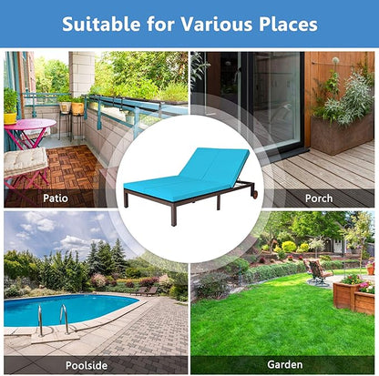 DORTALA 2-Person Patio Rattan Recliner Chair W/Wheels, Double Wicker Daybed Chaise Lounge Chair with Adjustable Backrest, Outdoor Furniture Conversation Set for Garden Lawn, Turquoise