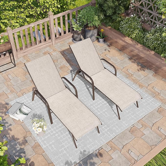 Crestlive Outdoor Chaise Lounge Chair,5-Position Pool Lounge Chairs with Armrests Sunbathing Recliner for Patio,Beach,Deck,Yard (2PC Beige)